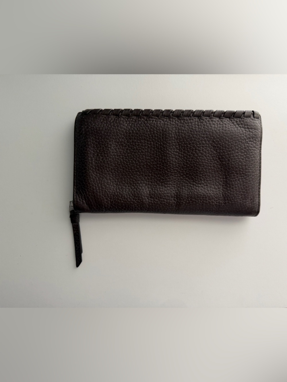 All Saints Kita Chocolate Brown Pebbled Leather WhipStitch Zip Around Wallet